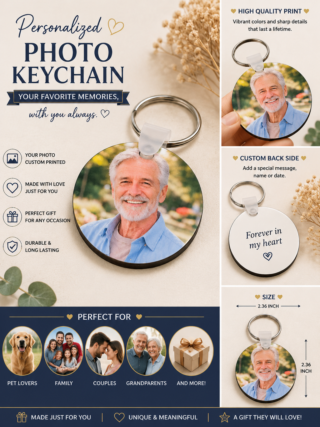 Custom Photo Keychain, Heart Pet Memorial Keepsake, Family Picture Gift