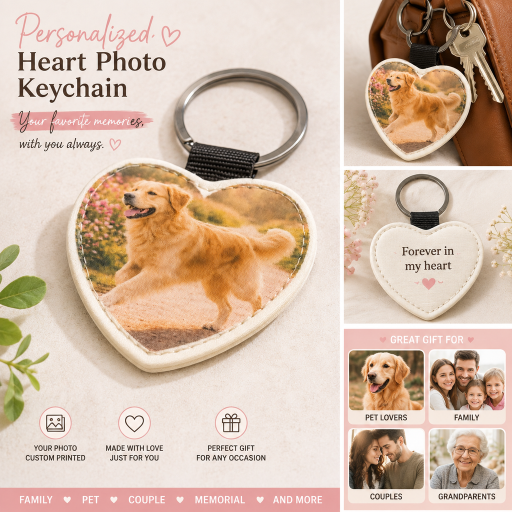 Custom Photo Keychain, Heart Pet Memorial Keepsake, Family Picture Gift