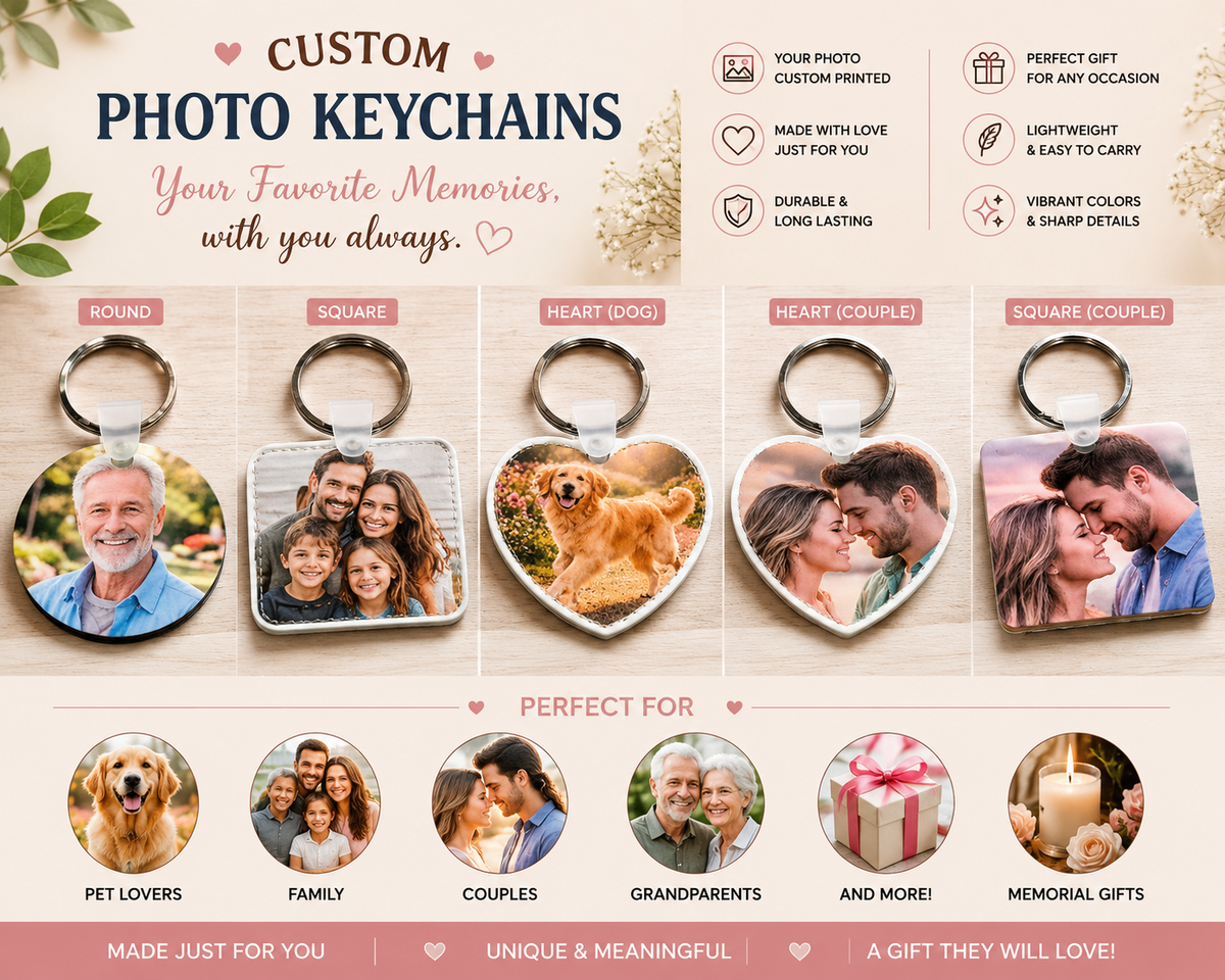 Custom Photo Keychain, Heart Pet Memorial Keepsake, Family Picture Gift