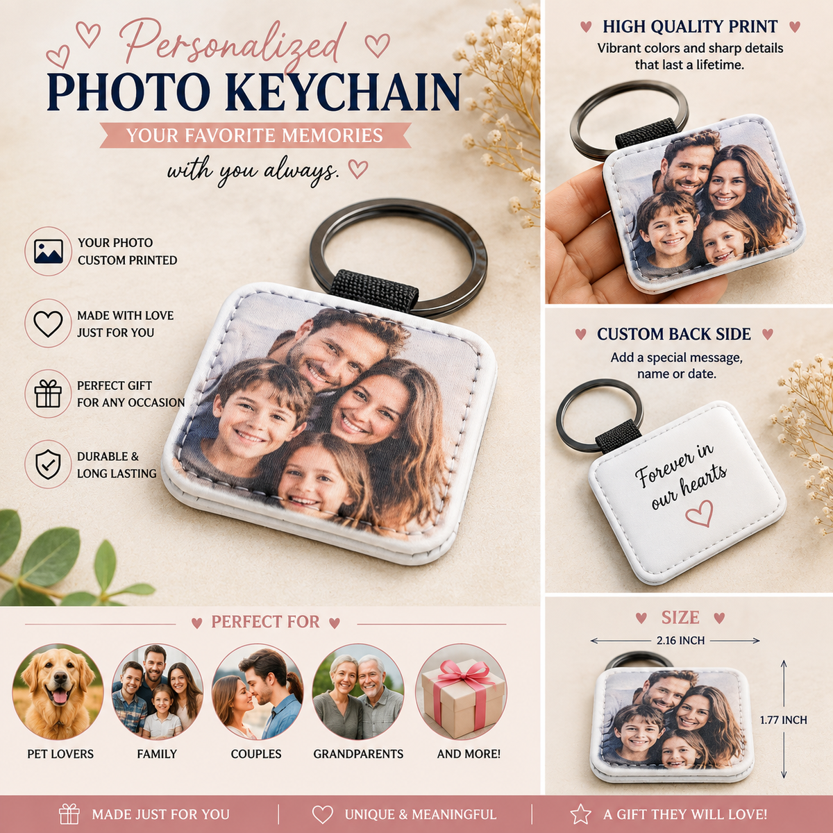 Custom Photo Keychain, Heart Pet Memorial Keepsake, Family Picture Gift