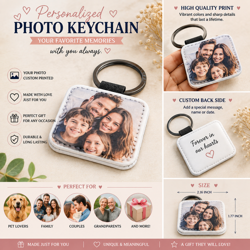 Custom Photo Keychain, Heart Pet Memorial Keepsake, Family Picture Gift