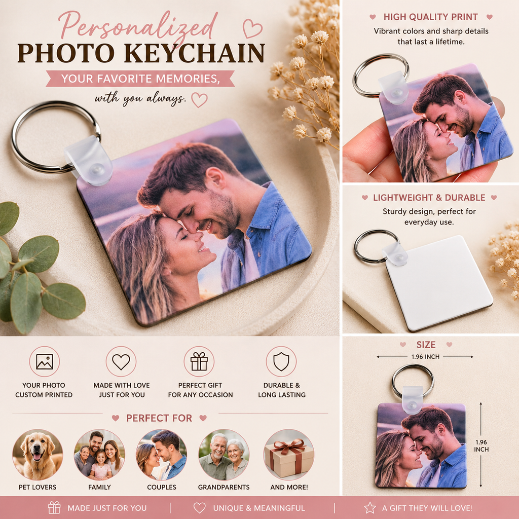 Custom Photo Keychain, Heart Pet Memorial Keepsake, Family Picture Gift