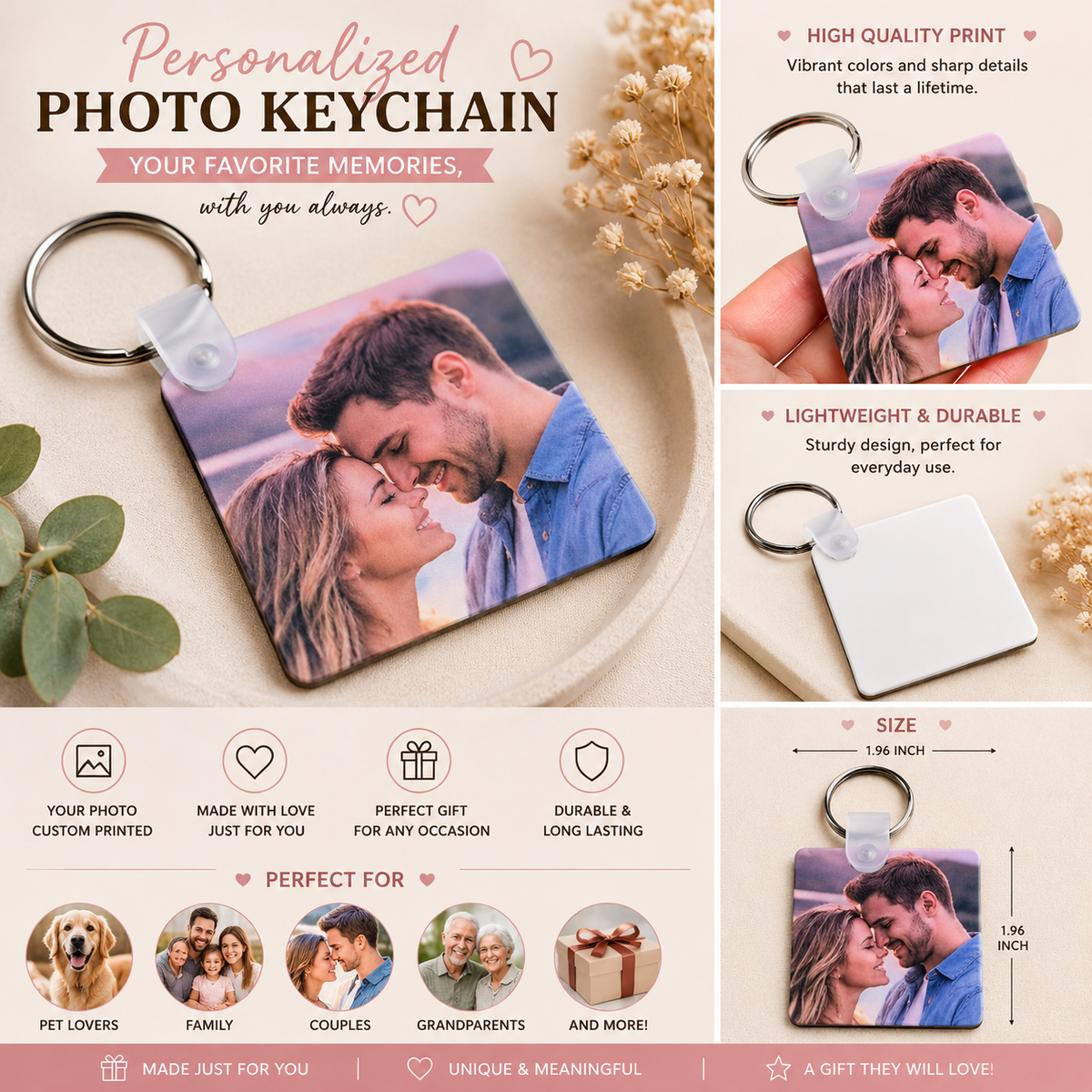 Custom Photo Keychain, Heart Pet Memorial Keepsake, Family Picture Gift