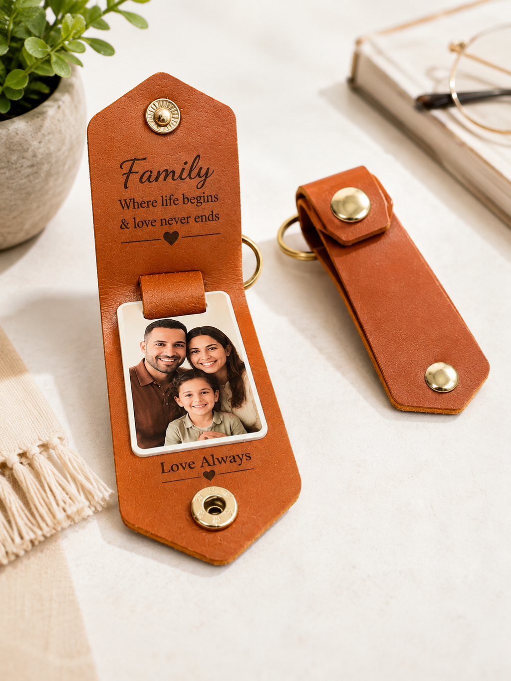 Personalized Leather Photo Keychain, Custom Picture Keyring, Engraved Family Gift, Photo Gift for Mom Dad, Anniversary Gift