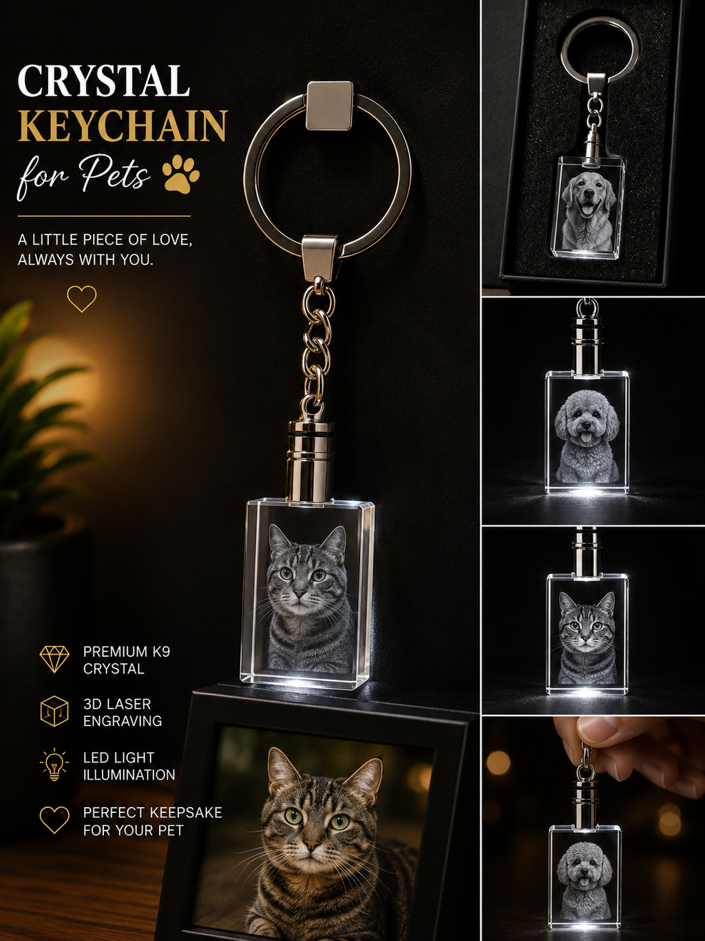 Personalized 3D Crystal Pet Photo Keychain – Custom Dog or Cat Keepsake