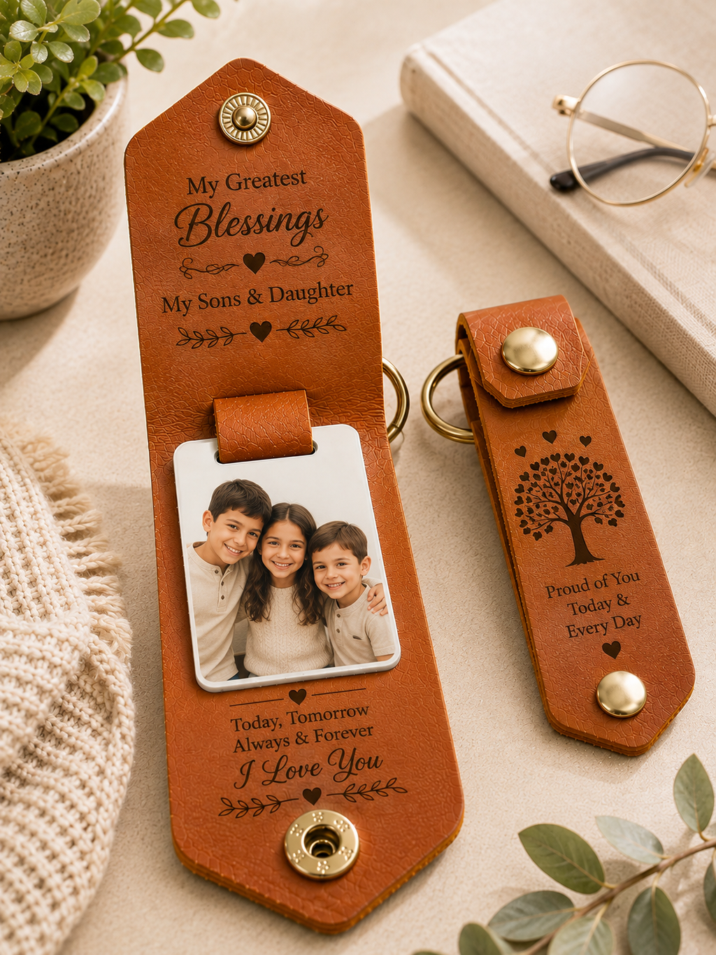 Personalized Leather Photo Keychain, Custom Picture Keyring, Engraved Family Gift, Photo Gift for Mom Dad, Anniversary Gift