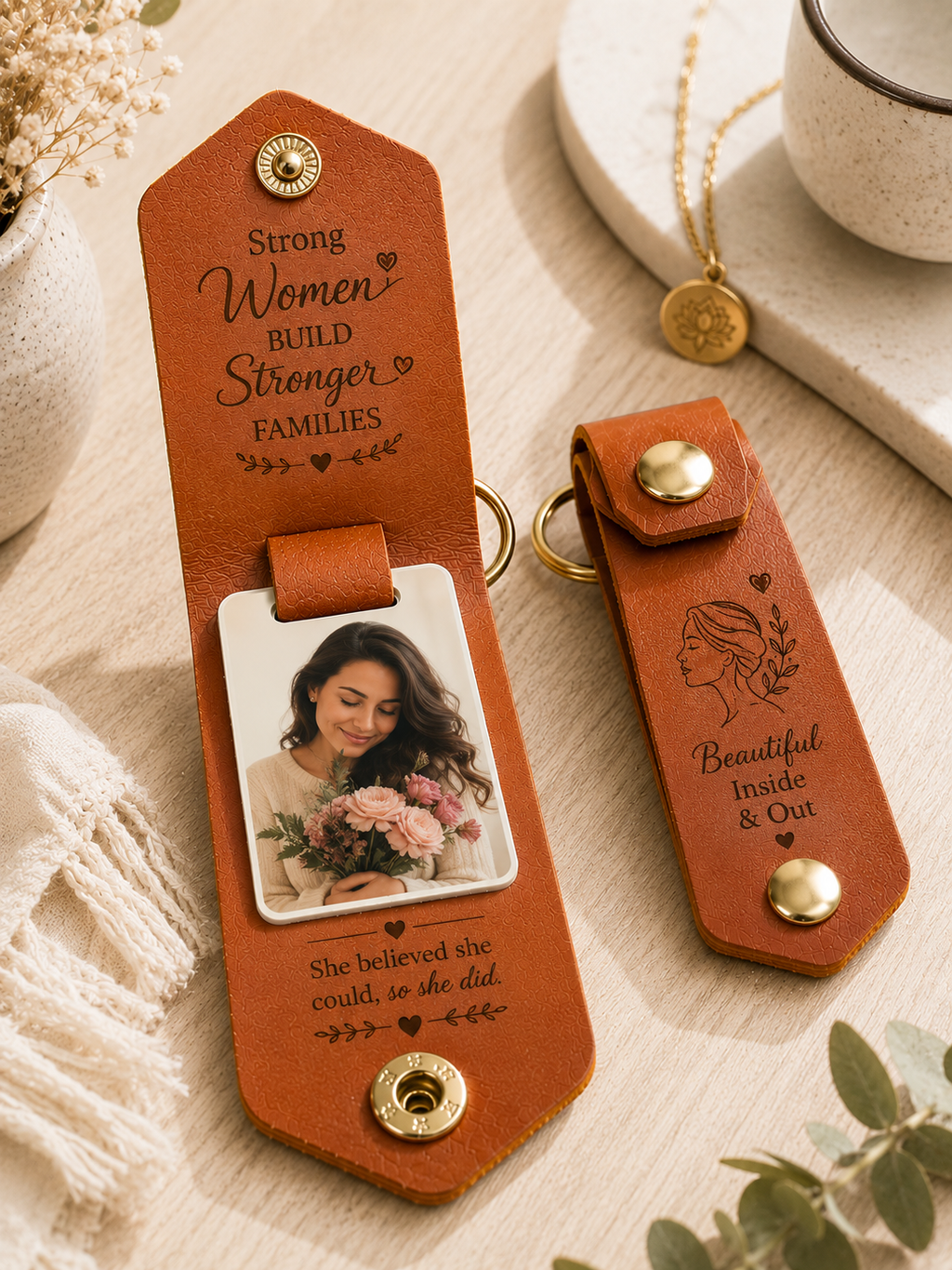 Personalized Leather Photo Keychain, Custom Picture Keyring, Engraved Family Gift, Photo Gift for Mom Dad, Anniversary Gift