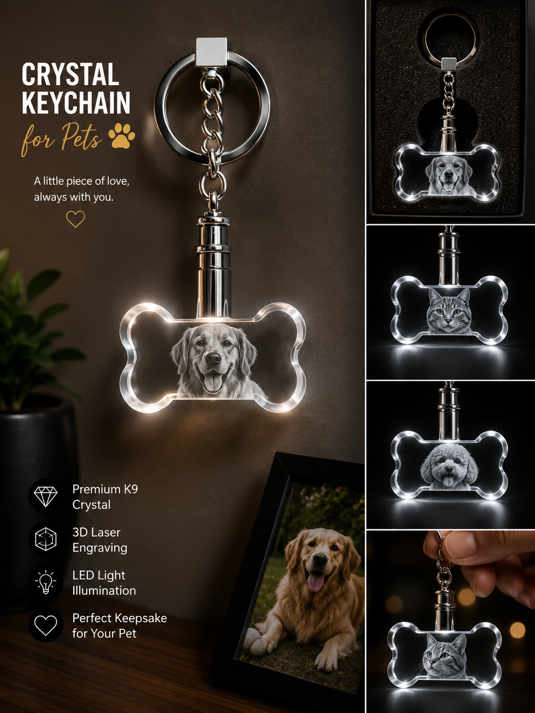 Personalized 3D Crystal Pet Photo Keychain – Custom Dog or Cat Keepsake