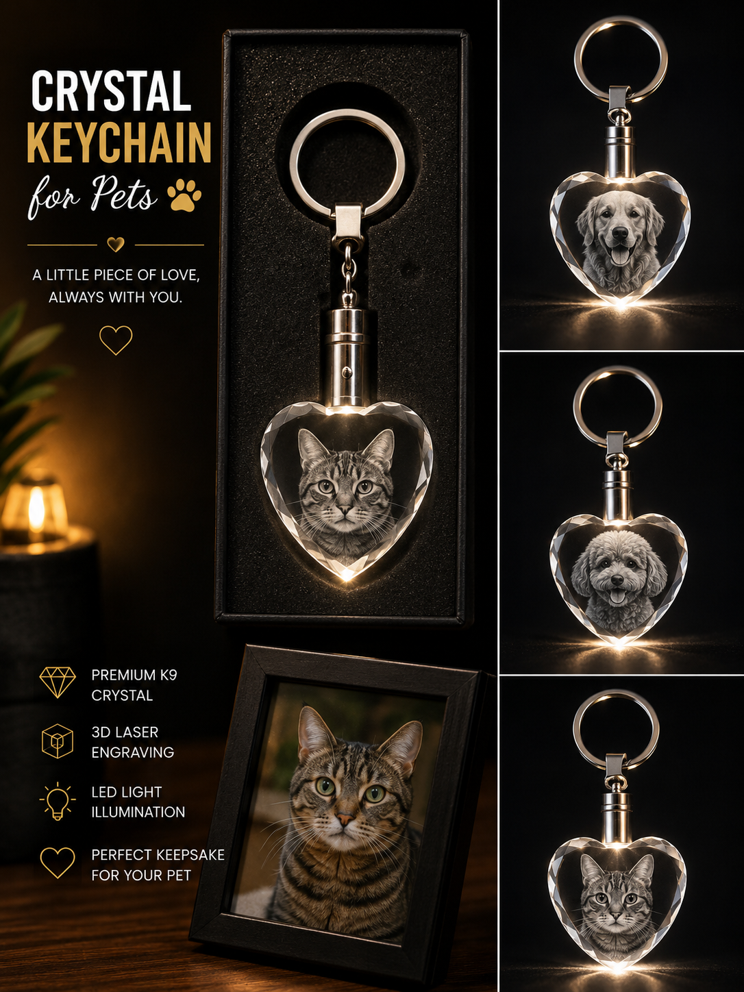 Personalized 3D Crystal Pet Photo Keychain – Custom Dog or Cat Keepsake