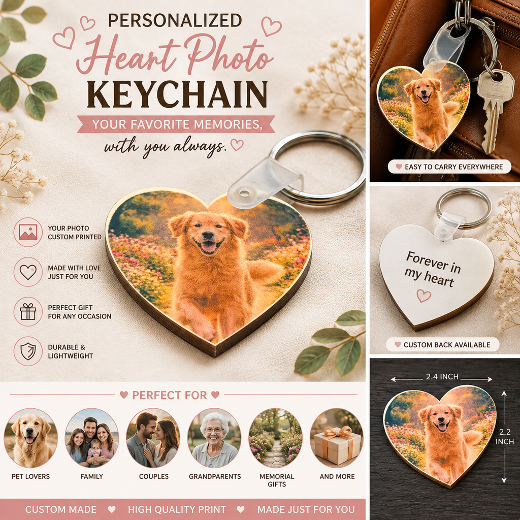 Custom Photo Keychain, Heart Pet Memorial Keepsake, Family Picture Gift