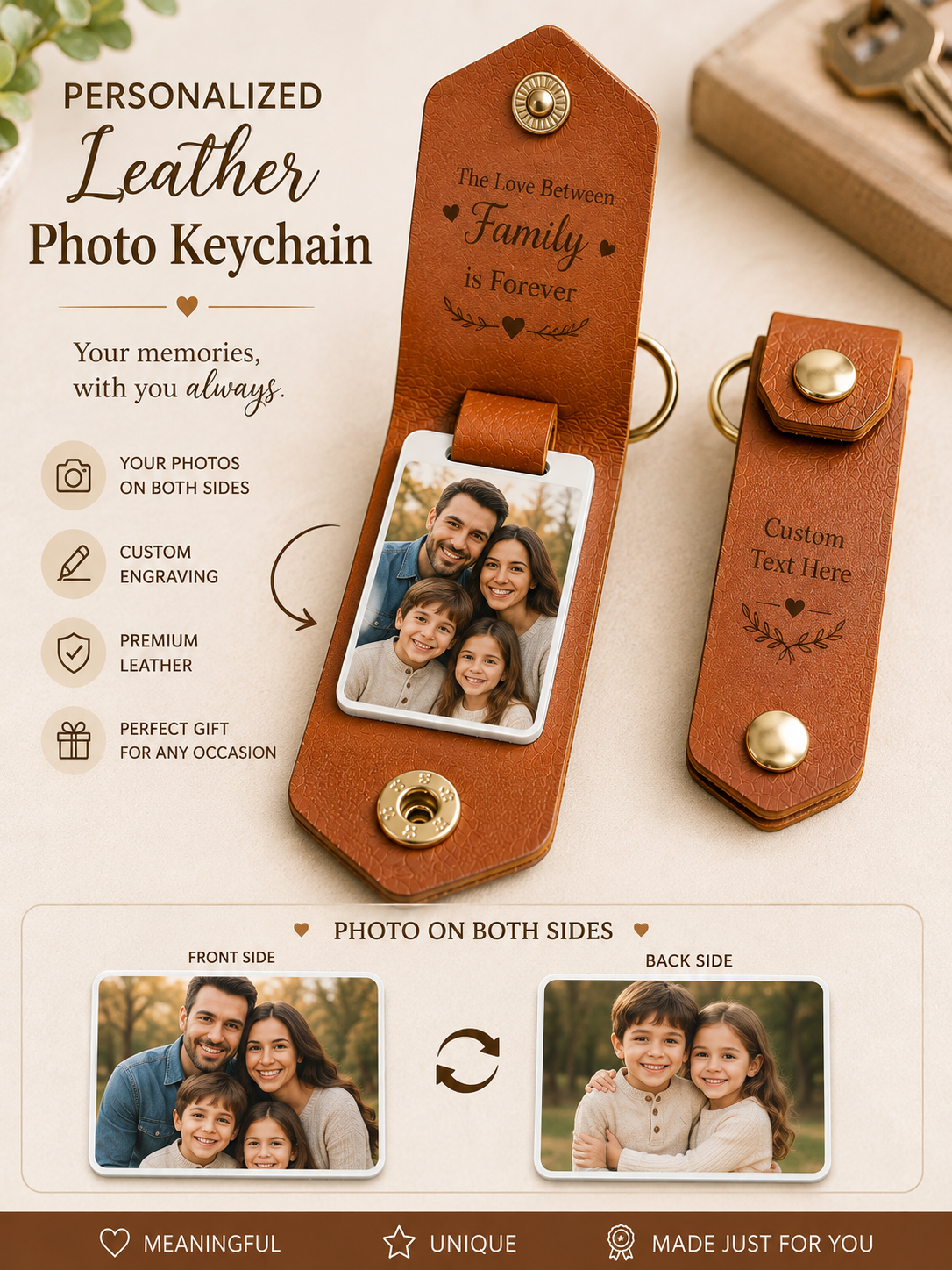 Personalized Leather Photo Keychain, Custom Picture Keyring, Engraved Family Gift, Photo Gift for Mom Dad, Anniversary Gift