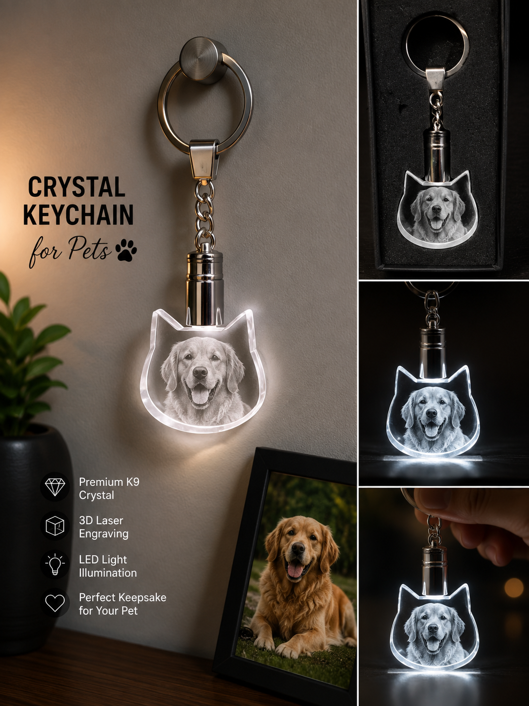 Personalized 3D Crystal Pet Photo Keychain – Custom Dog or Cat Keepsake