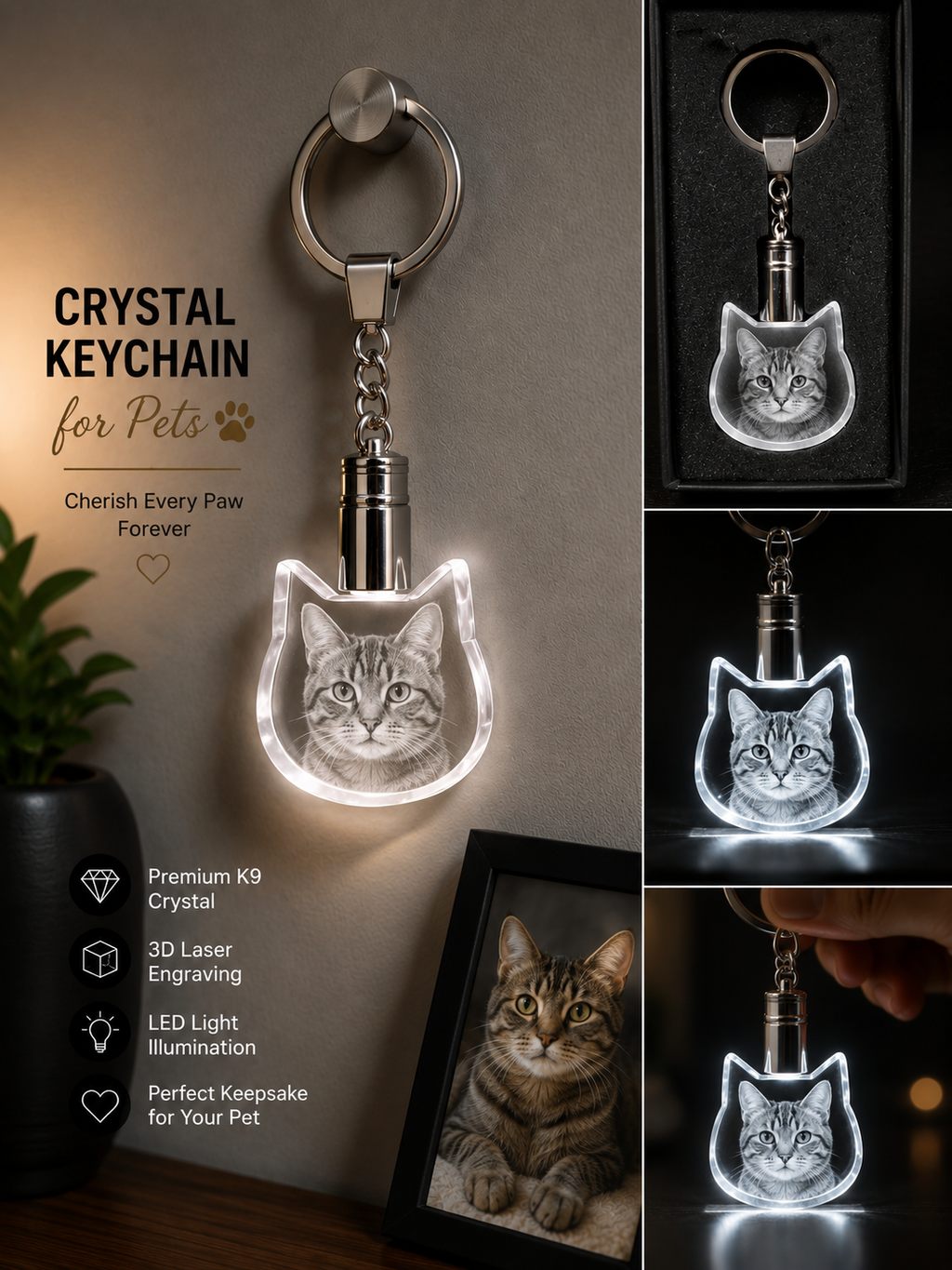 Personalized 3D Crystal Pet Photo Keychain – Custom Dog or Cat Keepsake