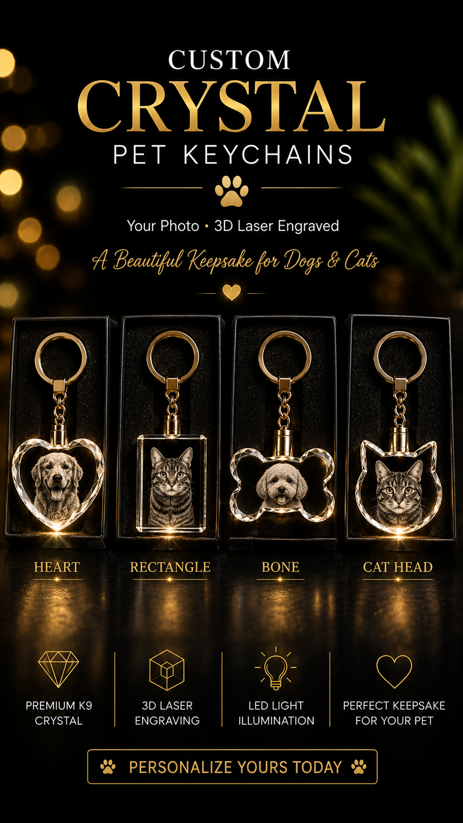 Personalized 3D Crystal Pet Photo Keychain – Custom Dog or Cat Keepsake